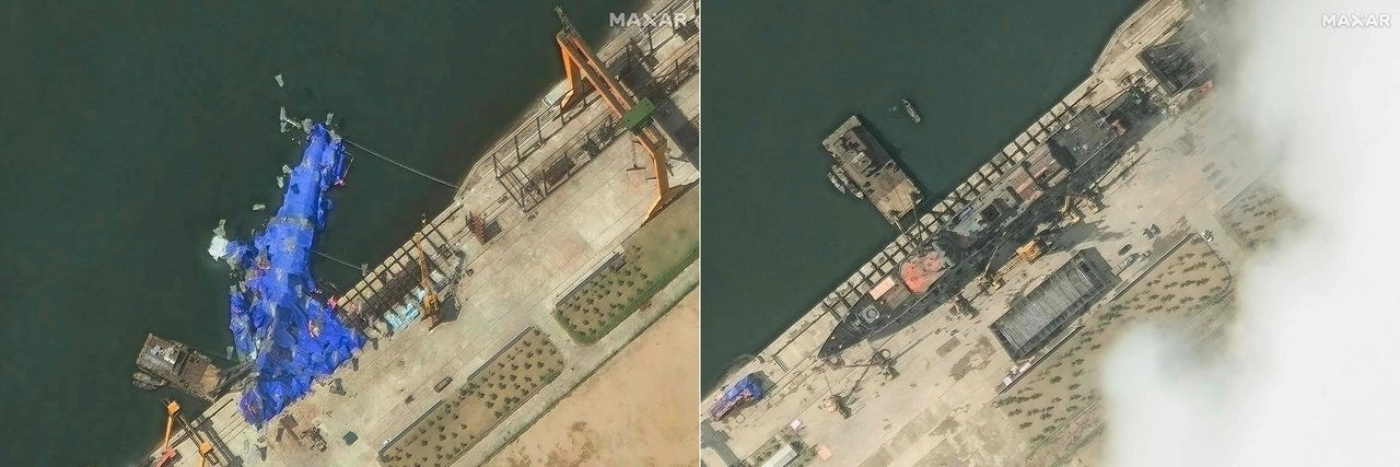 El nuevo buque de guerra norcoreano en el puerto antes y después de su accidente de botadura en Chongjin. Foto
